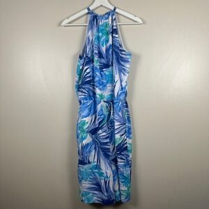 Lauren Ralph Lauren Women's 10 Jumpsuit Blue Tropical Palm Halter Wide Leg